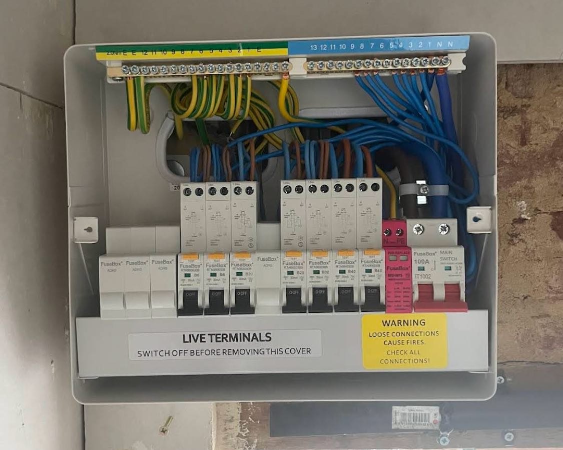 Local installation of new consumer unit in Mackworth during a full rewire