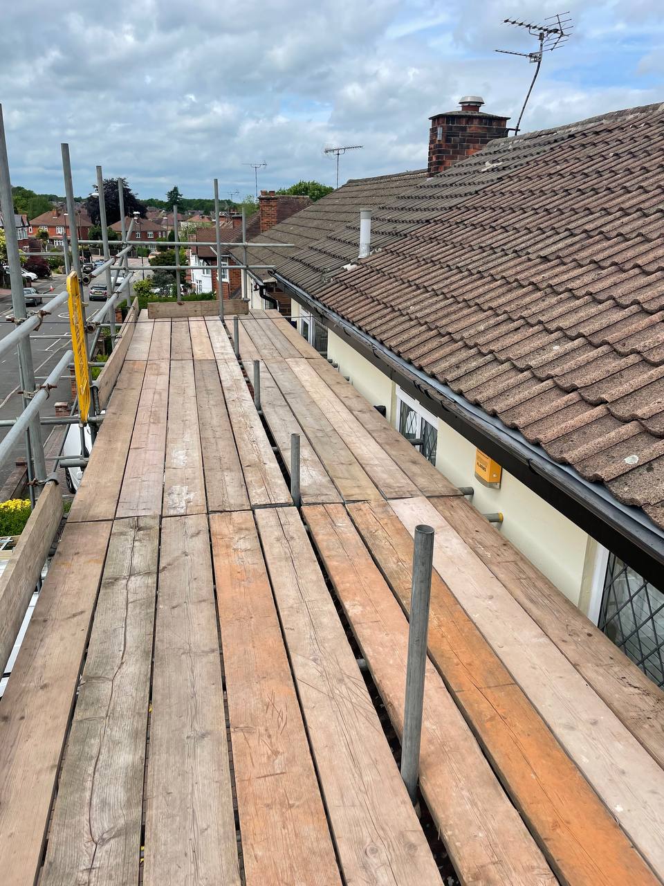 Scaffolding and roof before solar panel installation