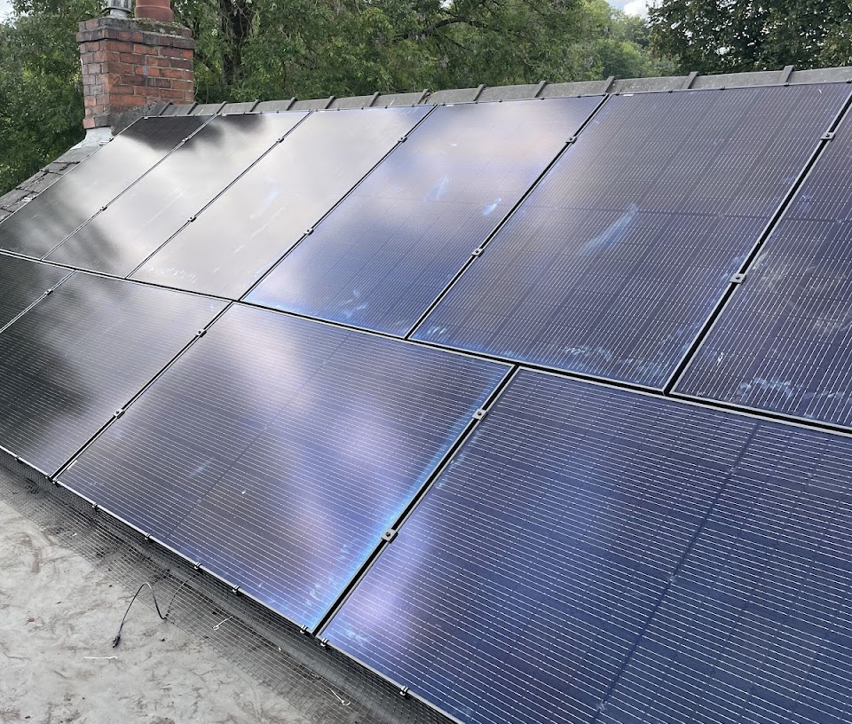 Close-up of a completed roof-mounted solar panel array