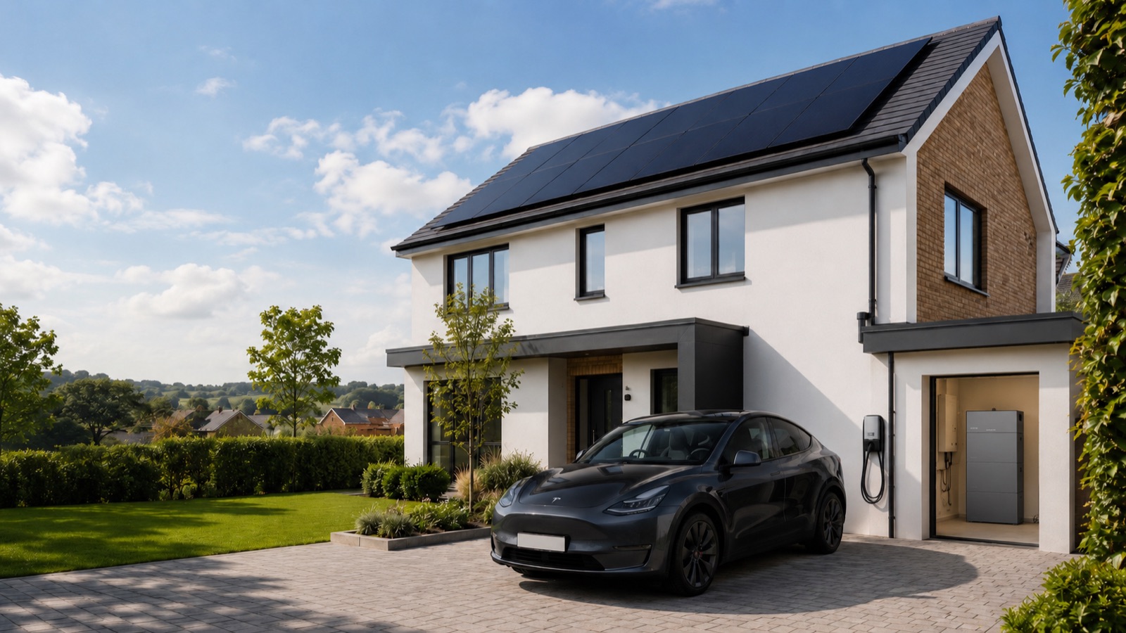 Modern home with solar panels, battery storage and an electric car charging on the driveway