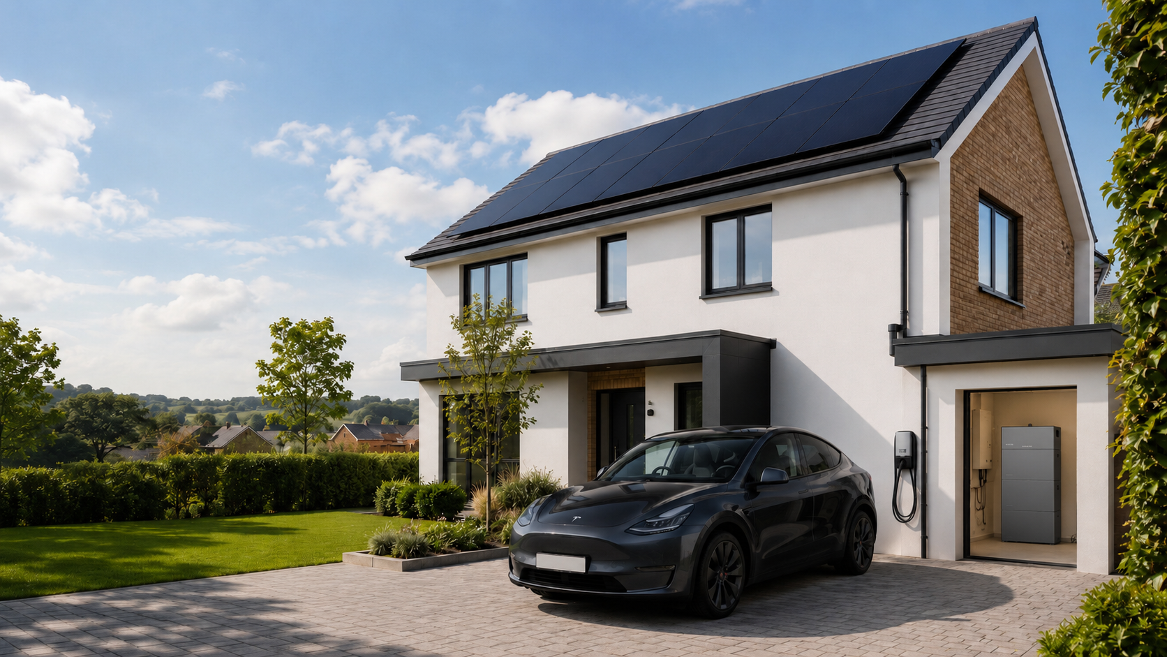 Home with solar panels, battery storage and an electric car charger