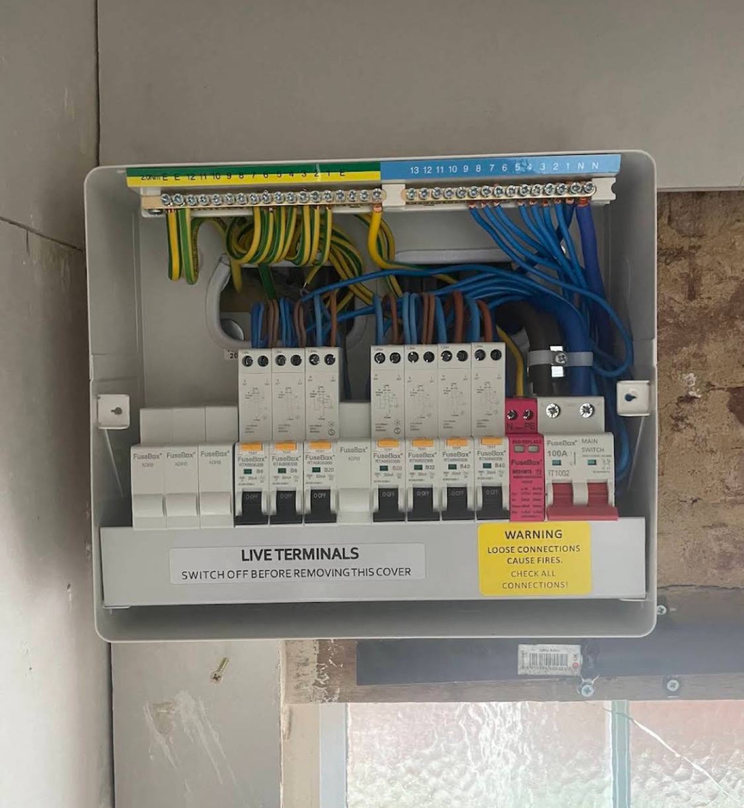 Complete rewire with FuseBox consumer unit showing RCBOs and coded cables